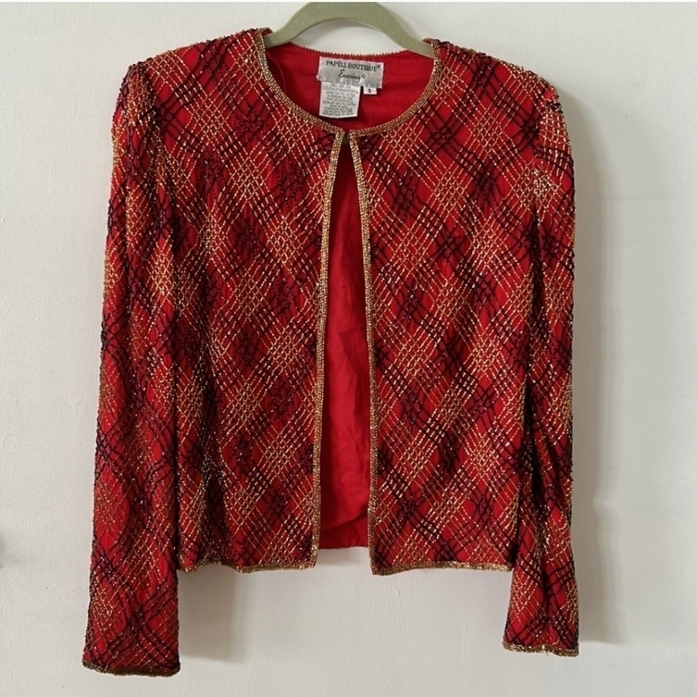 Vintage Beaded Silk Evening Jacket Size M Valentine Date Party Elegant Black Tie